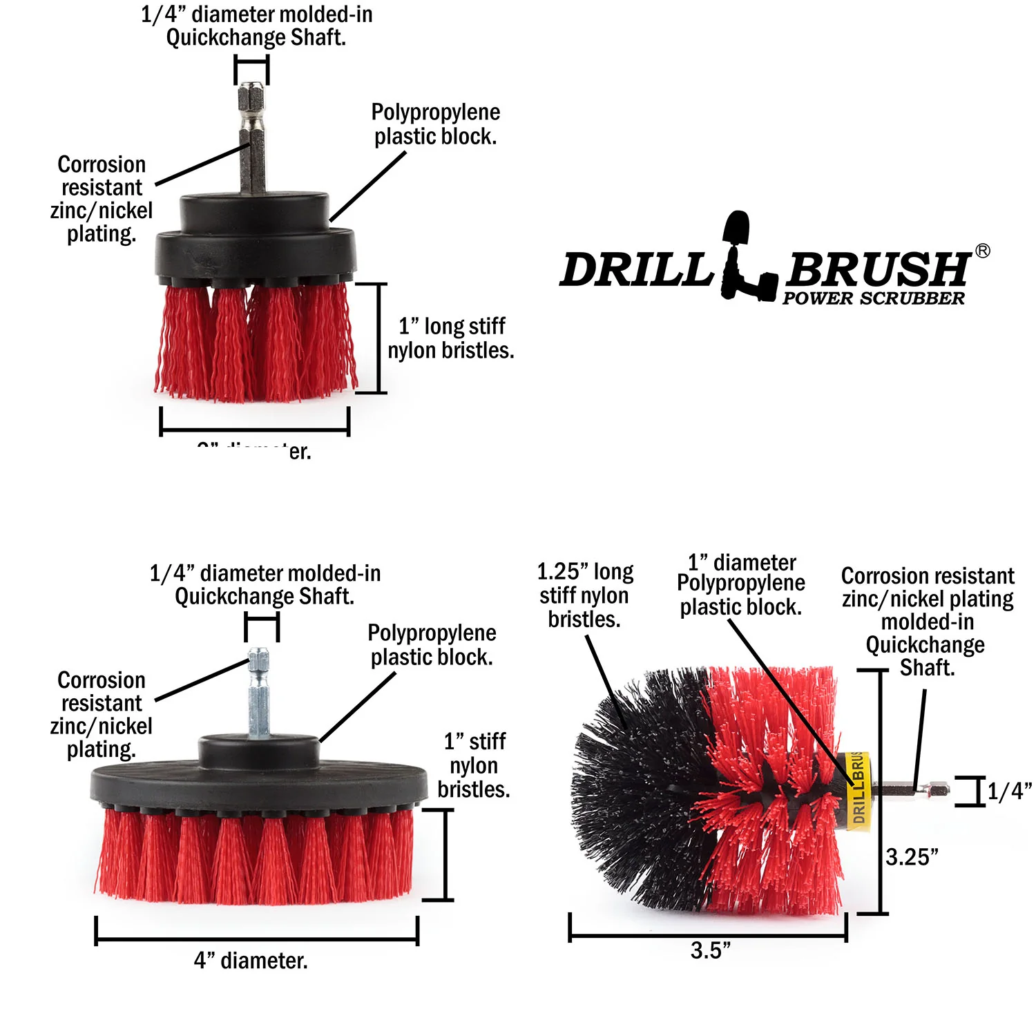 Original, 4in, & 2in Stiff Red Brushes w/ 4in Variety Pads - Outdoor Cleaning | S-R42O-P4-2WRB-3V-QC-DB - Image 6