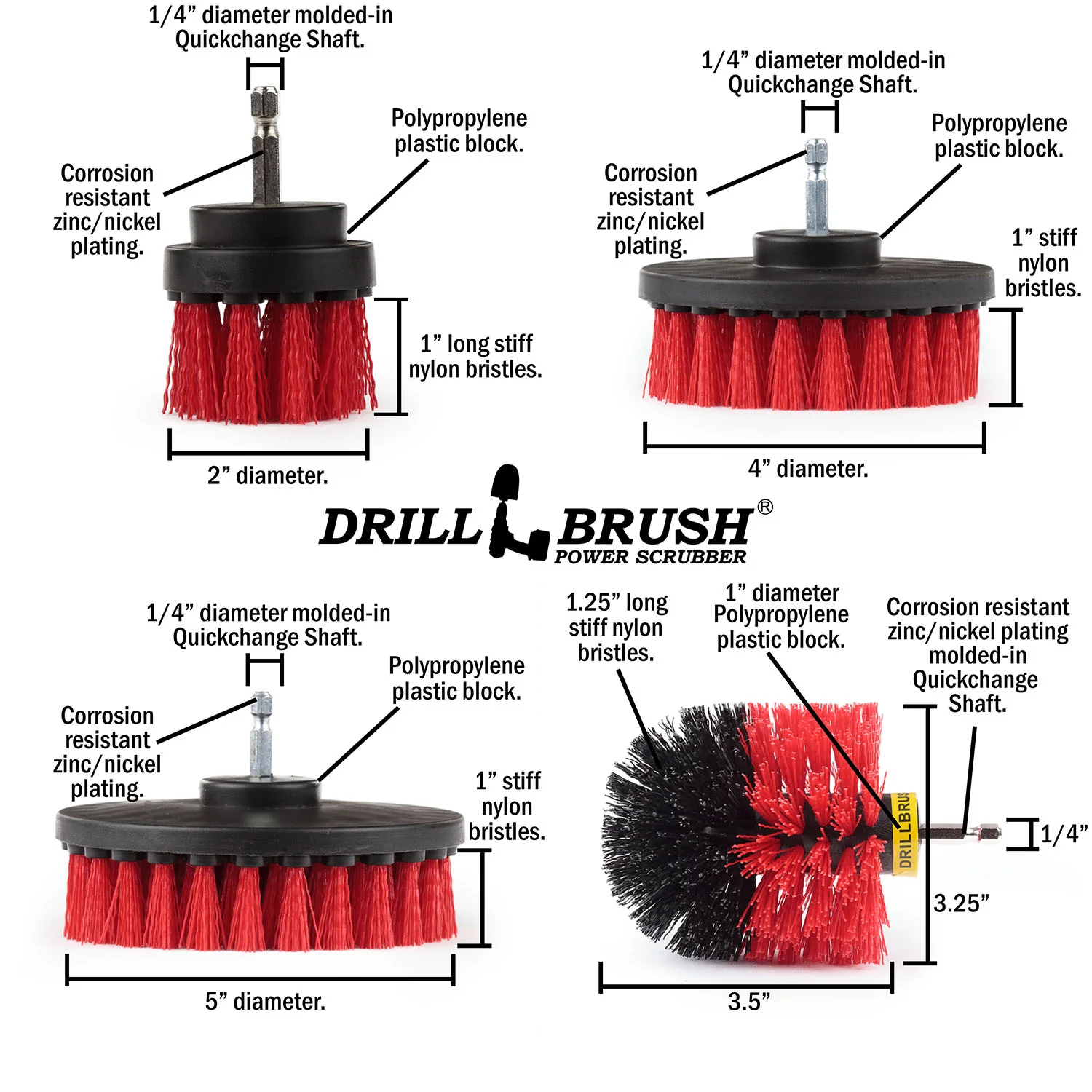 Original, 5in, 4in, and 2in Red Brushes w/ 7in Extension - Stiff Bristles - Outdoor & Patio Cleaning | R-S-542O-7X-QC-DB - Image 5