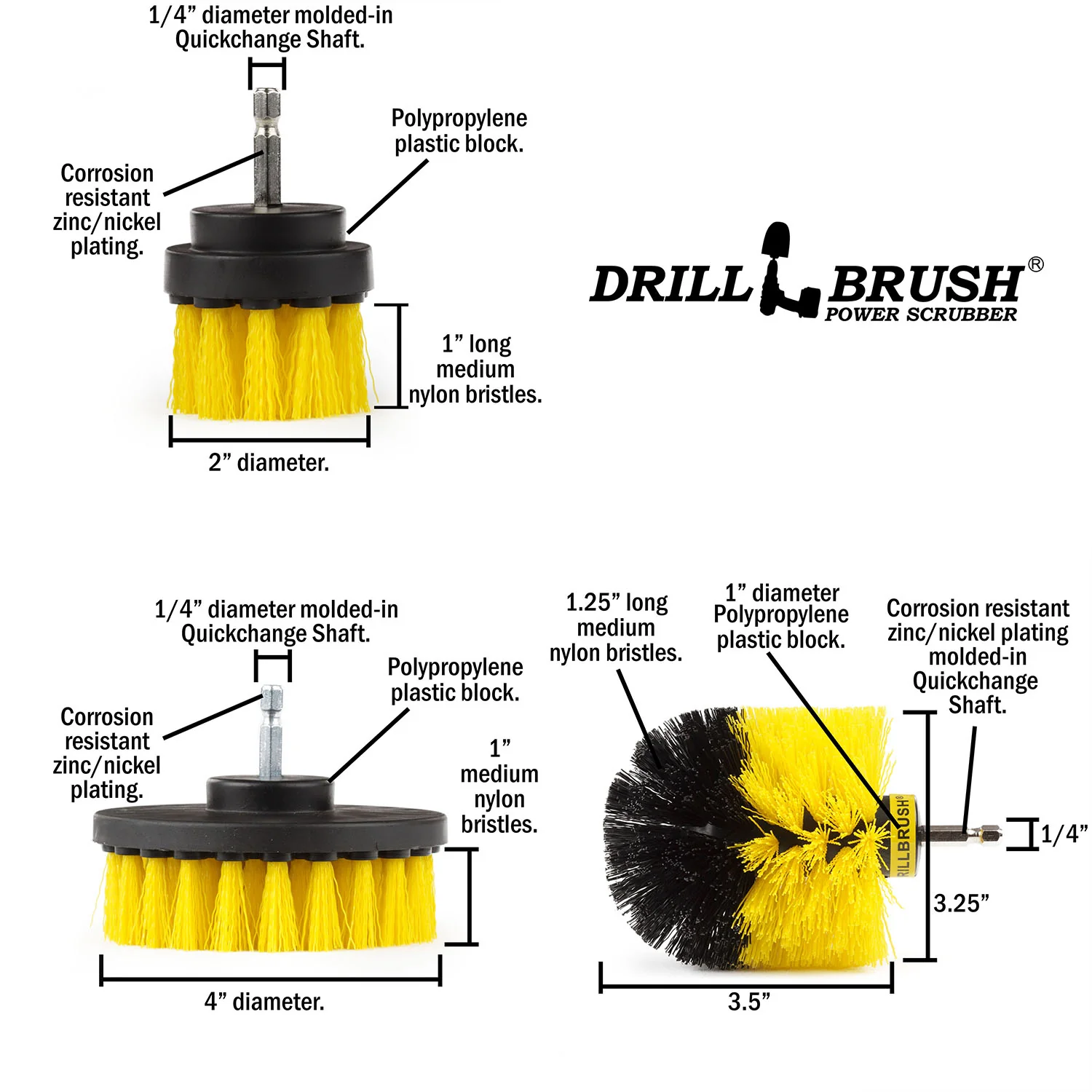 Original, 4in, & 2in Yellow Brushes - Medium Stiffness - Bathroom & Shower Cleaning | Y-S-42O-QC-DB - Image 5