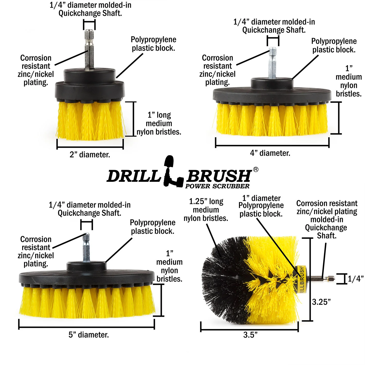 Original, 5in, 4in, & 2in Yellow Brushes - Medium Bristles - Bathroom & Shower | Y-S-542O-QC-DB - Image 5