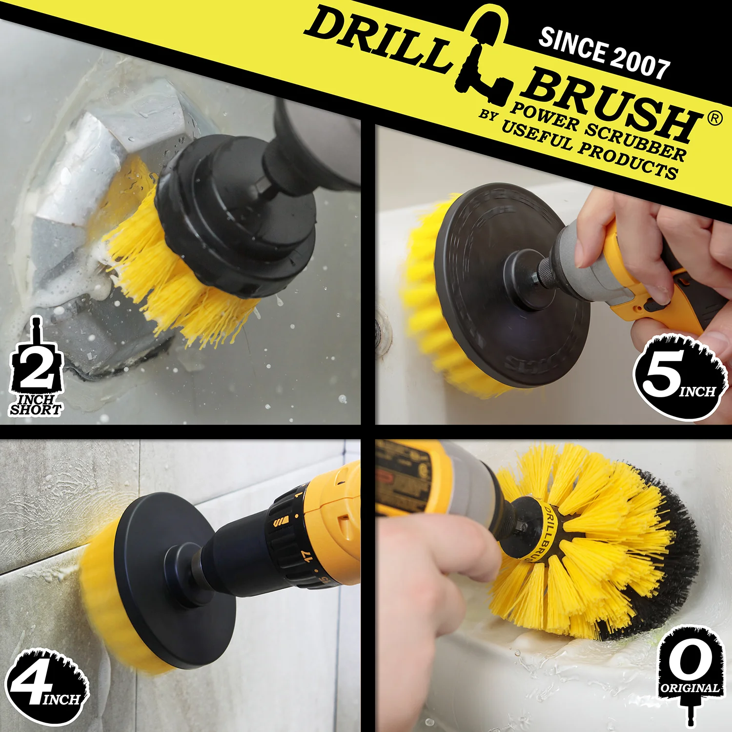 Original, 5in, 5in, 4in, & 2in Yellow Brushes - Medium - Bathroom & Shower | Y-S-5542O-QC-DB - Image 4